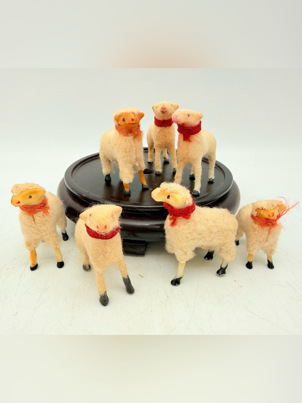 set of 7 - vintage plastic flocked matchstick style putz sheep with scarves